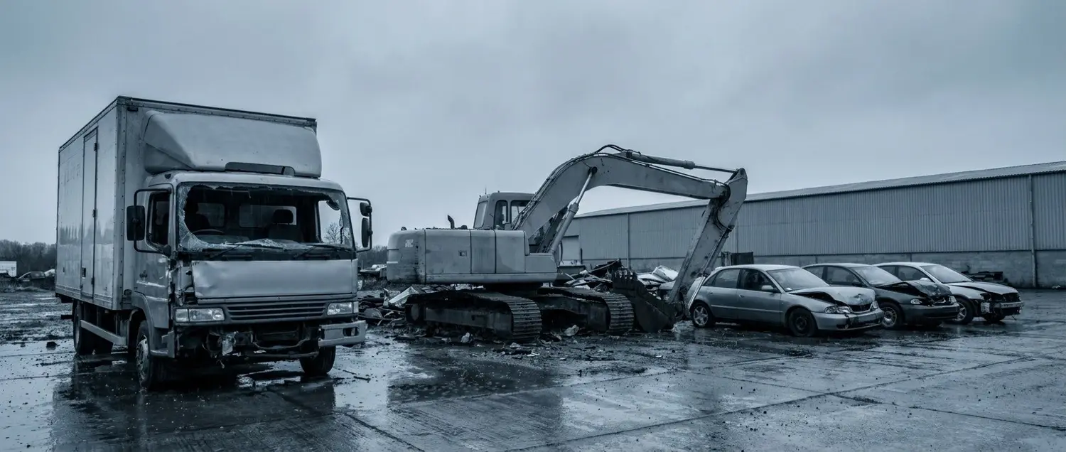 Unfall-Lkw, Bagger und Schadenfahrzeuge auf einem Verwertungshof, Kfz, Maschinen und Anlagen für die Restwertbörse