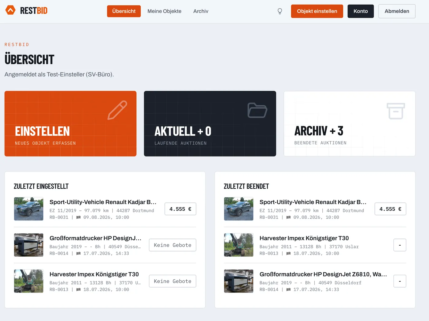 Einsteller-Dashboard der Restwertbörse mit Übersicht der Auktionen